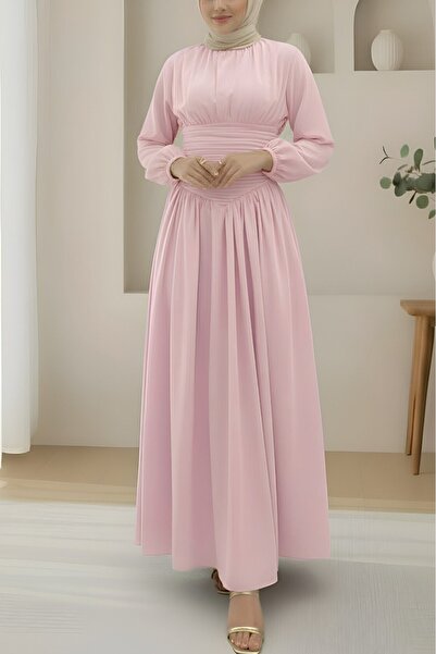 Modamorfo Ruched Front, Elastic-Cuff, Zippered Poplin Dress - Pink