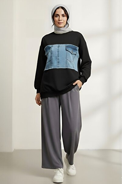 Modamorfo Round Neck Sweatshirt with Denim Pocket Detail on the Front - Black
