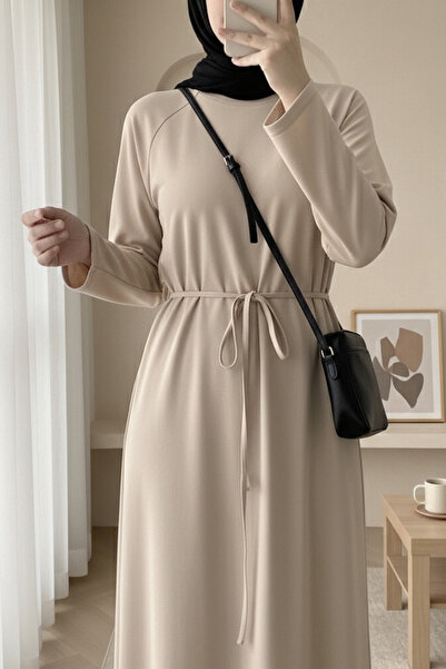 Modamorfo Round Neck Tie-Waist Dress -Beige