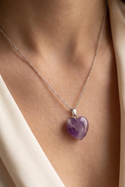 Taş Sandığı Amethyst Stone Heart Necklace - Small Size