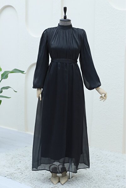 Modamorfo Schulterfreies Kleid mit Ballonärmeln aus glitzerndem Stoff – Schwarz