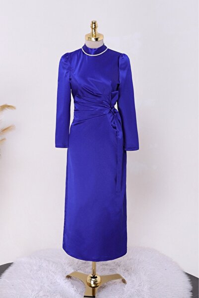 Modamorfo Side pleated and tie detailed stoned satin dress -cobalt blue