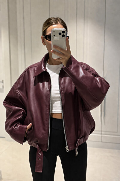 MANMARK Kadın Oversize Deri Ceket– Oversize Relax Fit, Fermuarlı Kemer Detayl...