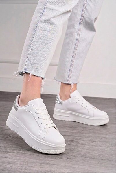 İmerShoes Ежедневни дамски бели блестящи маратонки с връзки, леки, с дебела в...