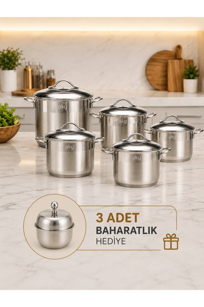 SASTECH AKYILDIZ Luna Collection 10 Parça Çelik Tencere Seti — 18/10 Paslanma...