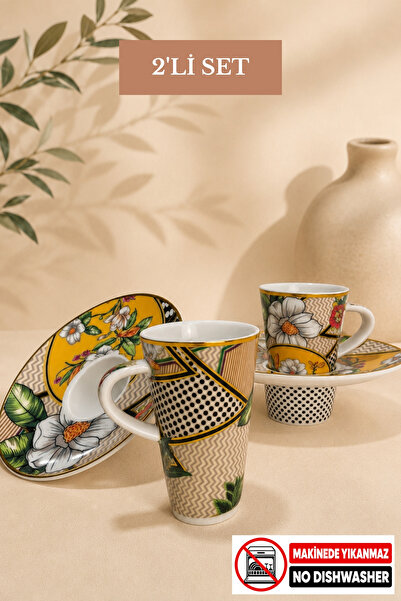 Edora Home Türk Kahvesi Fincan Takımı İçe Geçmeli Vintage Floral 2 Kişilik 4 Parça Fincan Ve Tabak (Makinede Yı