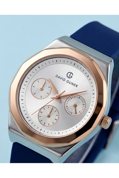 DAVID GUNER Women's Wristwatch 34 mm Navy Blue Silicone Cord Rose Gold Steel Case White Dial 3 Atm