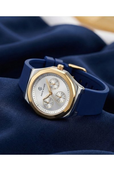 DAVID GUNER Women's Wristwatch 34 mm Navy Blue Silicone Cord Rose Gold Steel Case White Dial 3 Atm