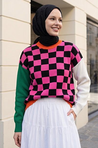InStyle Monsa Square Plaid Pattern Knitwear Sweater - Fuchsia