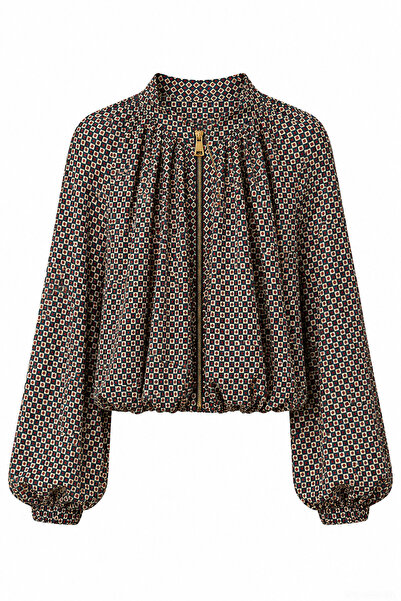 Quzu Geometric Patterned Balloon Sleeve Short Jacket Brown