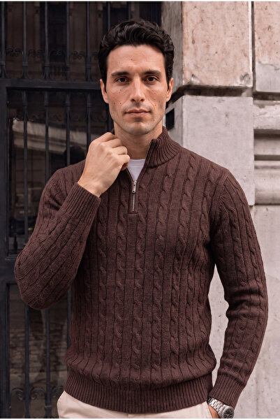 Valiberta Bardem Braided Half-Zip Men's Knit Sweater - Brown