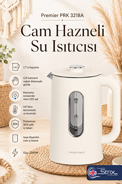 Premier PRK 3218A Isıya Dayanıklı Cam Hazneli LED ışıklı Su Isıtıcısı Cool To...