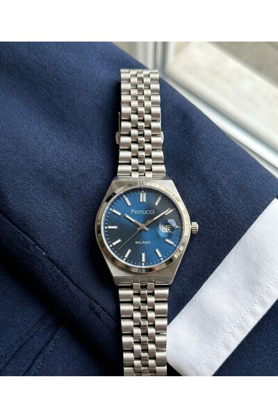 Ferrucci Men's Wristwatch 40 mm Steel Band Blue Dial Watch with Calendar