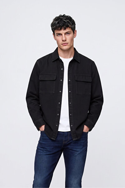 Bluewhite Cămașă neagră din denim pentru bărbați cu buzunare