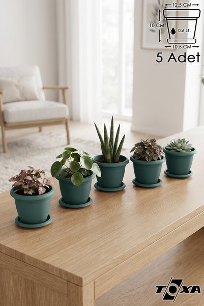 ToXA 5 Adet Villa No1 Saksı 0.6 Litre 12,5cm Küçük Boy Delikli Tabaklı Mat Pl...