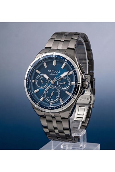Ferrucci Milano 42mm Antrasit & Mavi Çok Fonksiyonlu Erkek Kol Saati 3 ATM Çe...