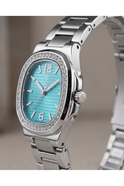 DAVID GUNER Women's Watch 35mm Turquoise Dial Stone Case Steel Band Stylish Model