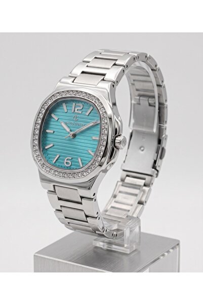 DAVID GUNER Women's Watch 35mm Turquoise Dial Stone Case Steel Band Stylish M...