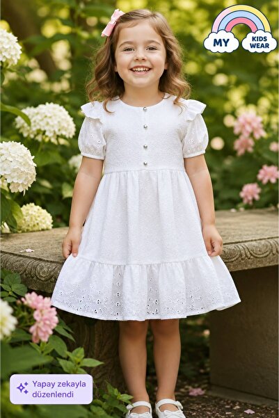 My Kids Wear Girl's White Scallop Fabric Buttoned Summer Dress 12527