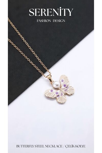 Serenity Steel Necklace with Pearl and Lilac Striped Butterfly Figure