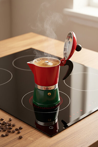 Bambum Taşev T1196 Adamo Moka Pot 3 Fincan Kırmızı&Yeşil (Alüminyum)