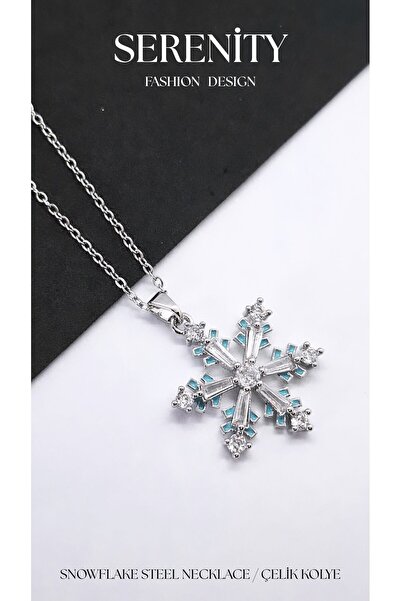 Serenity Steel Necklace with Blue Zircon Stone and Snowflake Figure