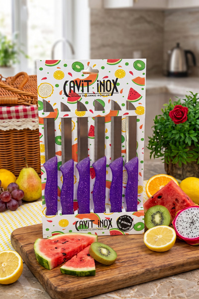 Cavit İnox Tırtıklı 6'lı Meyve Bıçağı Mor Simli