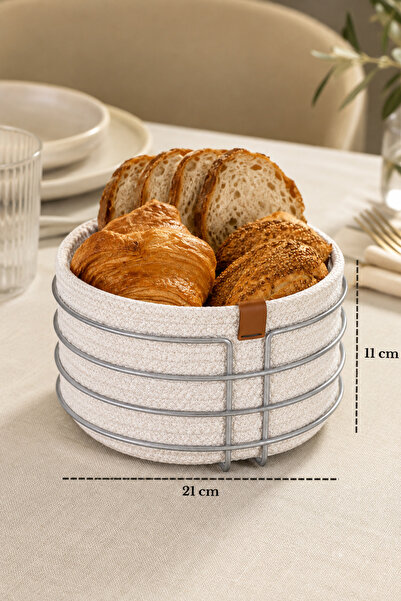 Edora Home Parlak Silver Yuvarlak Ekmek Sepeti Ekmeklik Beyaz Makromeli