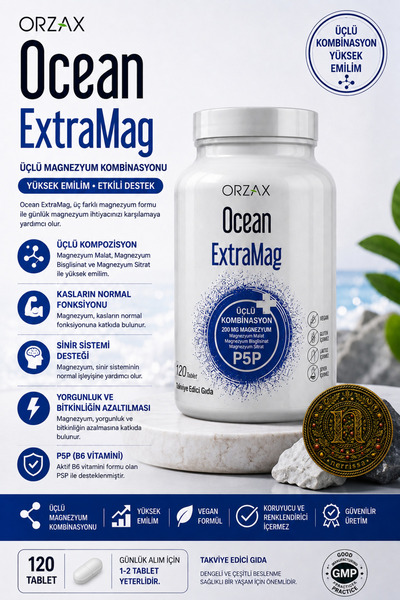 Orzax Ocean ExtraMag 120 Tablet Magnezyum Takviyesi | Magnezyum Malat + Magne...