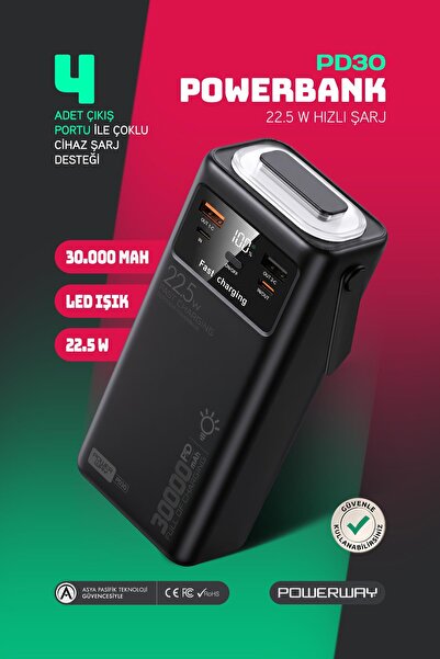 POWERWAY 30.000 Mah Pd 22.5W Dahili Kablolu Hızlı Şarj Led Fener Gerçek 30.00...
