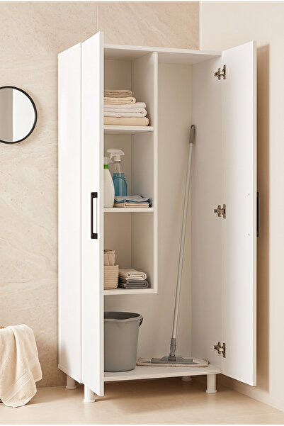 MONTENERO Banyo Dolabı 2 Kapaklı Ütü Masası & Süpürge Nişli Raflı Çok Amaçlı ...