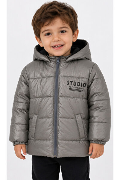 İrem Çocuk Giyim Boy's Studio Lettered Zippered Hooded Silver Color Coat