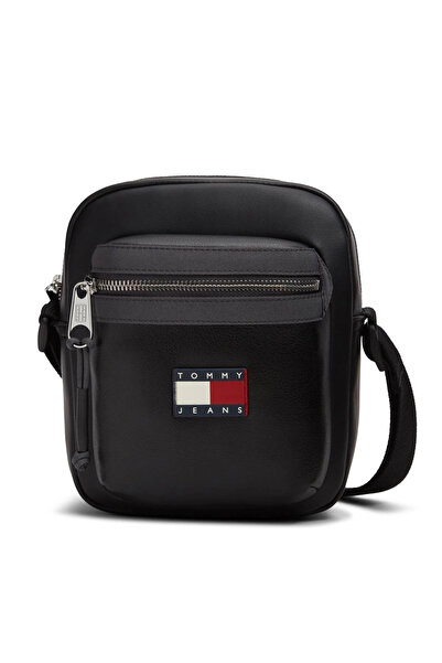Tommy Hilfiger Men's Leather Black Shoulder Bag with Logo Label and Zippered ...
