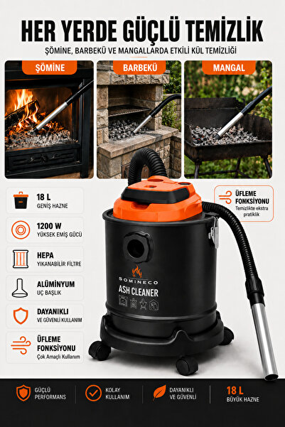 SOMINECO 1200W Çok Amaçlı Elektrikli Kül Süpürgesi 18 L Metal Hazne–Şömine & Soba & Mangal
