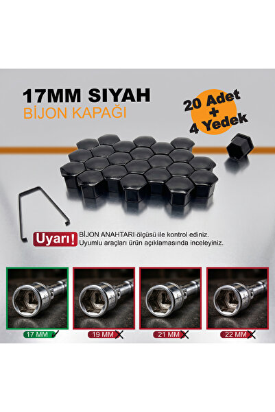 WPI 20 Adet + 4 Yedek Siyah Bijon Kapağı 17MM + Sökme Aparatı ( Peugeot - Cit...