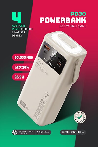 POWERWAY 30.000 Mah Pd 22.5W Dahili Kablolu Hızlı Şarj Led Fener Gerçek 30.00...