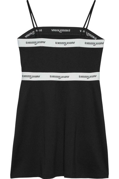 Tommy Hilfiger فستان نسائي أسود صغير بتفاصيل شريطية وحزام رفيع من TJW DW0DW22337BDS