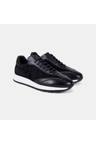 Desa Men's Black Lace-Up Leather Sneaker with Suede Detail