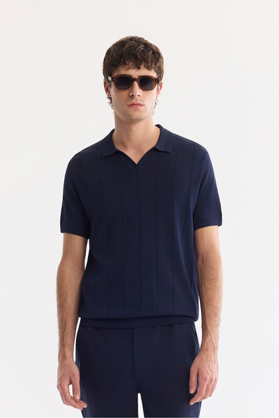 Avva Men's Navy Blue Polo Collar Buttonless Textured Regular Fit Knitwear T-S...