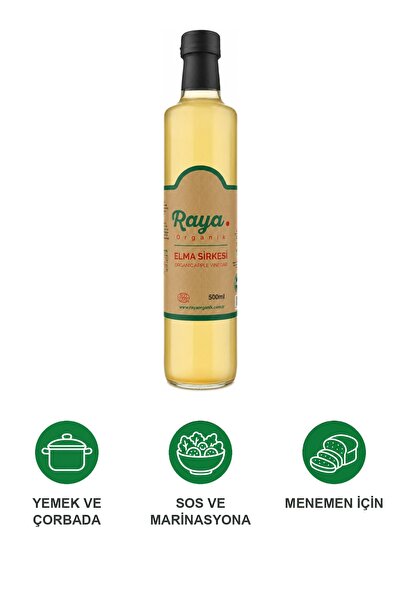 RAYA Organik Elma Sirkesi 500 ml Doğal Fermente Katkısız Koruyucusuz Cam Şişe