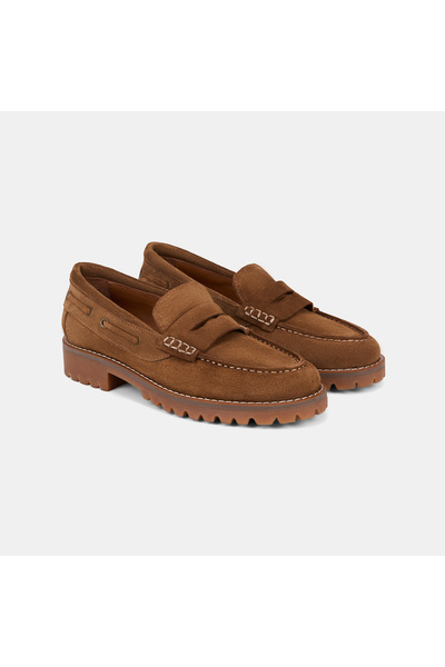 Desa Women's Tan Stitched Detailed Thick Sole Suede Loafer