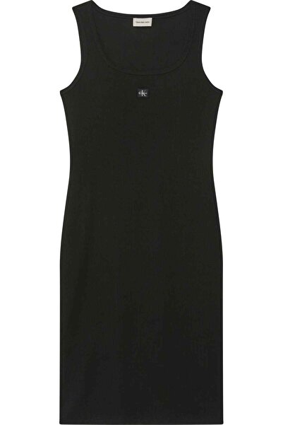 Calvin Klein Kolsuz Bebek Fitilli Dokuma Etiketli Kare Yaka Kadın Siyah Elbis...