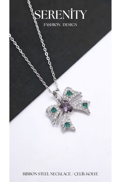 Serenity Green White Zircon Stone Bow Figure Steel Necklace