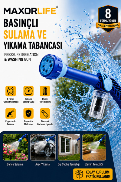 MAXORLİFE 8 Fonksiyonlu Basınçlı Sulama ve Yıkama Tabancası Köpük Hazneli Bah...