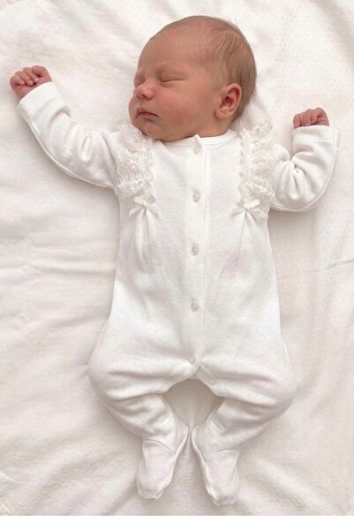 Babydola Baby Girl Romper with Lace Details, Snap Closure, Ecru Color, Specia...