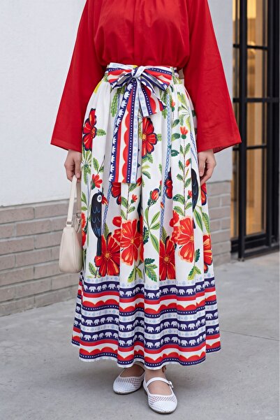 Modamorfo Elastic Waist Tropical Patterned Skirt -White