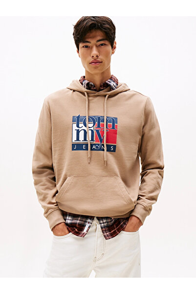 Tommy Hilfiger Men's Brand Logo Hooded Stylish Beige Sweatshirt