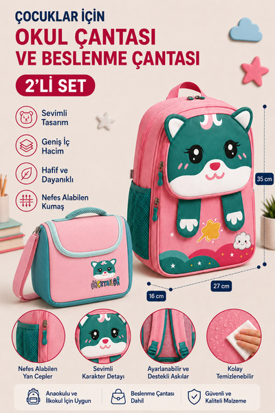 kruxon Cute Character Themed Kindergarten Bag & Thermal Lunch Box Set of 2 Pi...