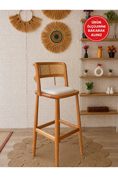 silla Odin Bar Sandalyesi Teddy Krem Kumaş Hasırlı Naturel Ahşap Ada Sandalye