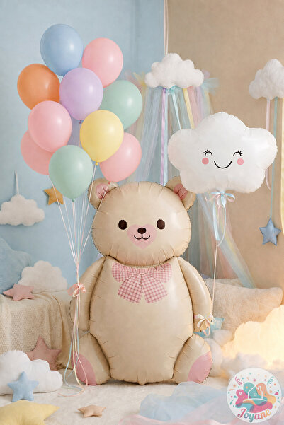 Joyane Teddy Bear Foil Balloon 90 cm + Cloud Balloon 40 cm + 10-Piece Macaron...